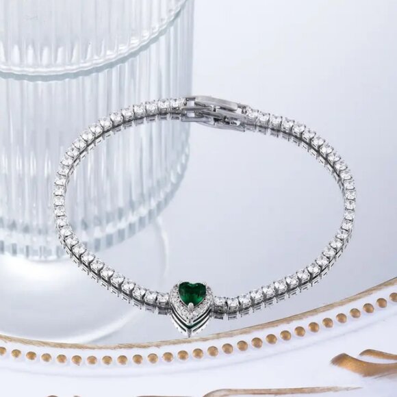 Sterling Silver Womens 2ct Green Emerald Gemstone 1ct Diamond Tennis Bracelet - Picture 4 of 7
